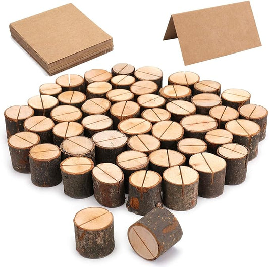 Tosnail 50 Pieces Wooden Place Card Holders with 50 Kraft Paper Cards, Rustic Wood Table Number Stands, Photo Holder for Wedding Party Decoration, Photo Display