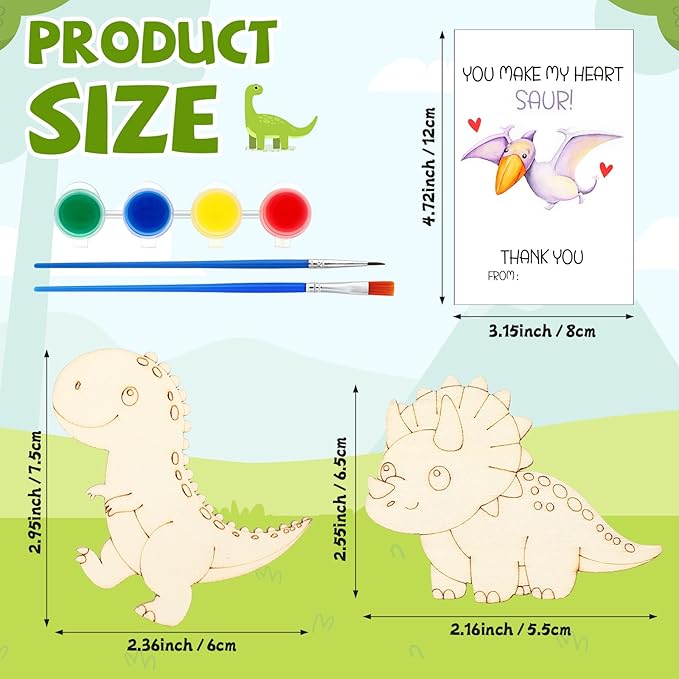 Leinuosen 28 Sets Dinosaur Party Favors Wood Painting Craft Kits with Art Supplies and Inspirational Cards Thank You for Coming Gifts for Summer Birthday Party Goodie Bag DIY Prizes