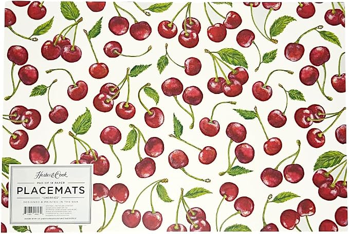Hester & Cook Disposable Paper Placemats for Dining Table - Square Paper Mats for Parties or Weddings - 18 Sheets Per Pad Made in USA (Cherries) by HesterCook