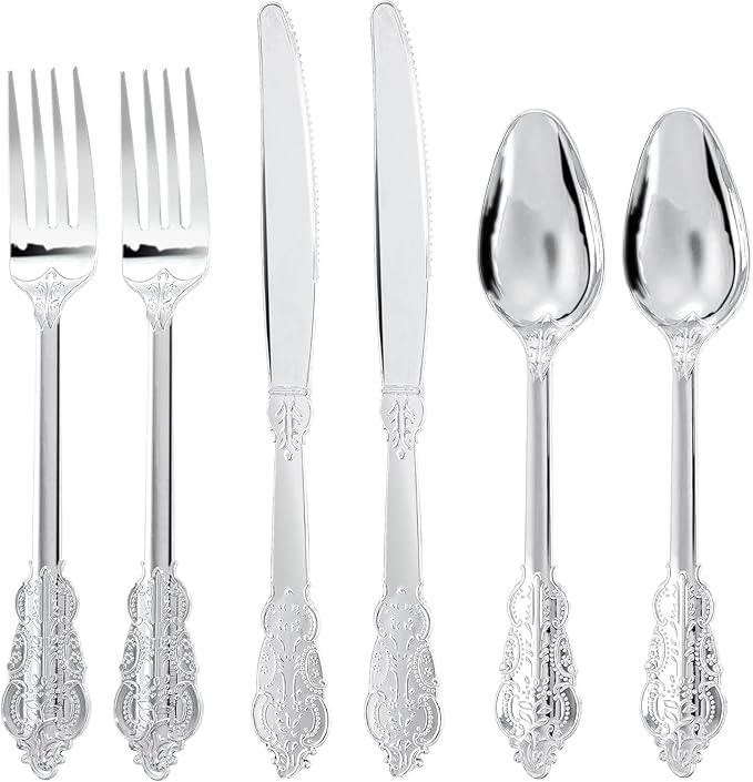 300Pieces Silver Plastic Silverware - Heavy Duty Silver Disposable Utensils - Fancy Plastic Cutlery Set Includes 100 Forks, 100 Spoons, 100 Knives for Dinner Parties Weddings