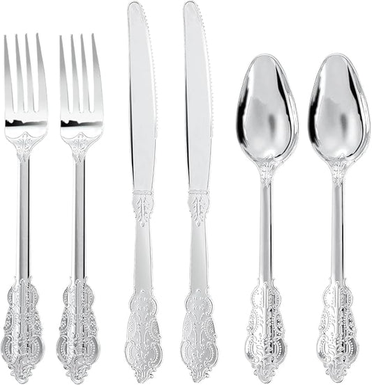300Pieces Silver Plastic Silverware - Heavy Duty Silver Disposable Utensils - Fancy Plastic Cutlery Set Includes 100 Forks, 100 Spoons, 100 Knives for Dinner Parties Weddings