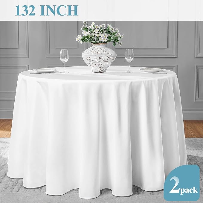 VidaFete 2 Pack 132inch Round Tablecloths Polyester Table Cloth, White | Stain and Wrinkle Resistant Polyester Dining Table Cover for Kitchen Dining Party Wedding Tabletop Buffet Decoration - Image 5