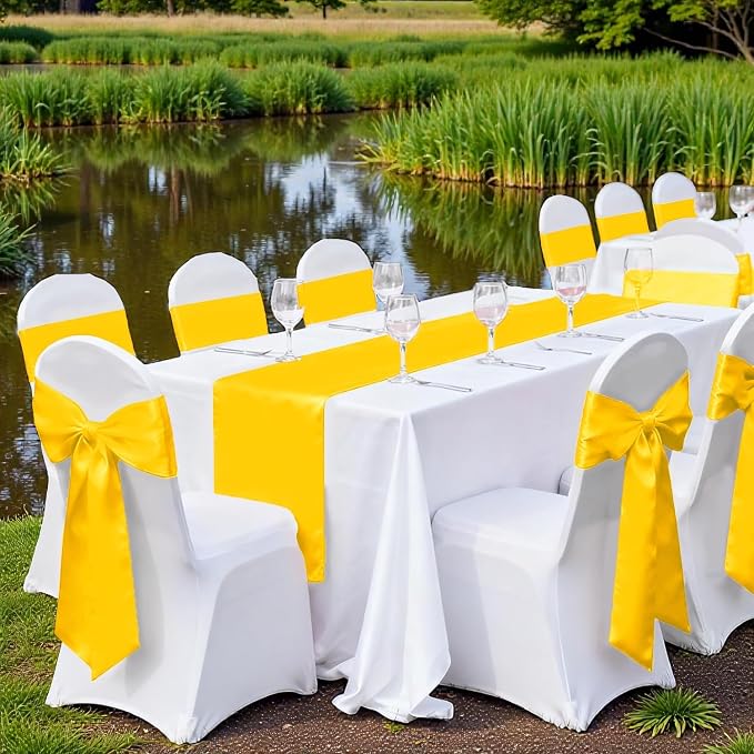 VDS Pack of 6 Satin Table Runners 12" x 108" - Charmeuse Sateen Silk Centerpiece Cloth Linen for Wedding Birthday Graduation Engagement Ceremony Event Party Banquet Table Decoration (Yellow Gold) - Image 2