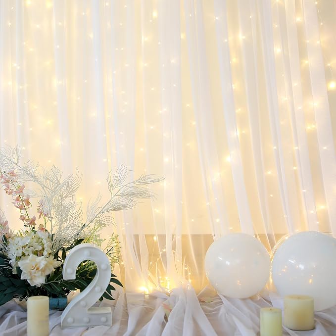 White Backdrop Curtains with Lights String for Wedding Parties 10×10ft Sheer Tulle Backdrop Curtain for Bridal Shower Baby Shower Birthday Party Photo Shoot Background Decorations(2 Panels 10ft×10ft) - Image 6