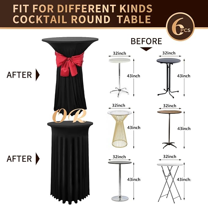 6 Packs Cocktail Table Covers Black Cocktail Table Cloth 32"x 43" Spandex Stretch Small Round Tablecloth for 32in Table with Wavy Drapes Fitted High Top Table Cloth for Party Wedding Banquet Bar Table - Image 2