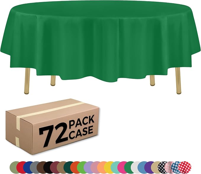 ZIMPLEWARE Green Standard Disposable Plastic Party Tablecloth [Case of 72] 84 x 84” Round Table Cover for Indoor & Outdoor Use by Zimpleware