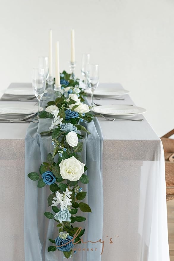Ling's moment 5 FT Dusty Blue Artificial Flower Garland | White Floral Garland, Flower Vines, Wedding, Arch Flower, Table Centerpieces, Swags, Backdrop, Mantel, Welcome Signs - Image 4