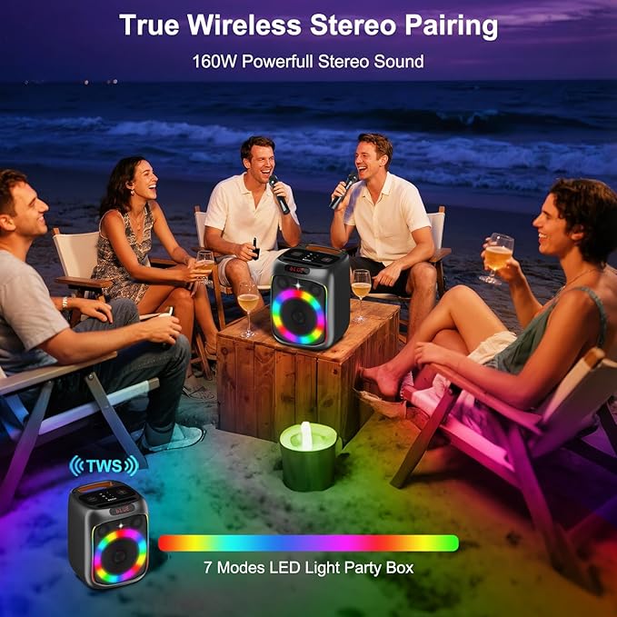 Karaoke Machine with 2 Wireless Microphones, 80W Portable Bluetooth Speaker, Party Speaker with LED Colorful Lights TWS Pairing, Karaoke Speaker Supports for Mic Input,USB,AUX,TF Card