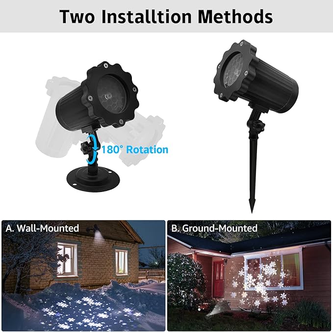 Christmas Snowflake Projector Lights with Outdoor Ground Stakes, IP65 Waterproof Decorative Snowfall LED Lighting Wall Mounted & Floor Mount Garden Patio Indoor Holiday Projector Lamp for Xmas
