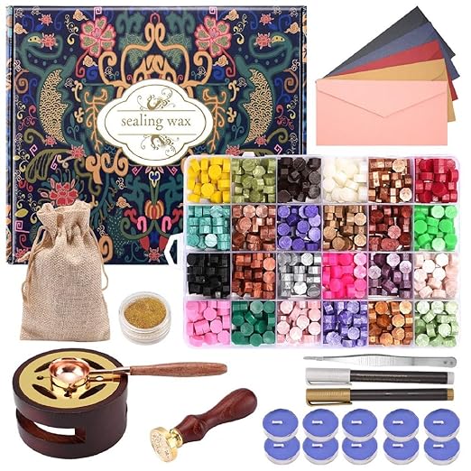 Wax Seal Stamp Kit - 24 Colors, 624 Pcs Stamp Beads, Sealing Wax Warmer, Metallic Pen & Envelope, Gift & Decoration Set