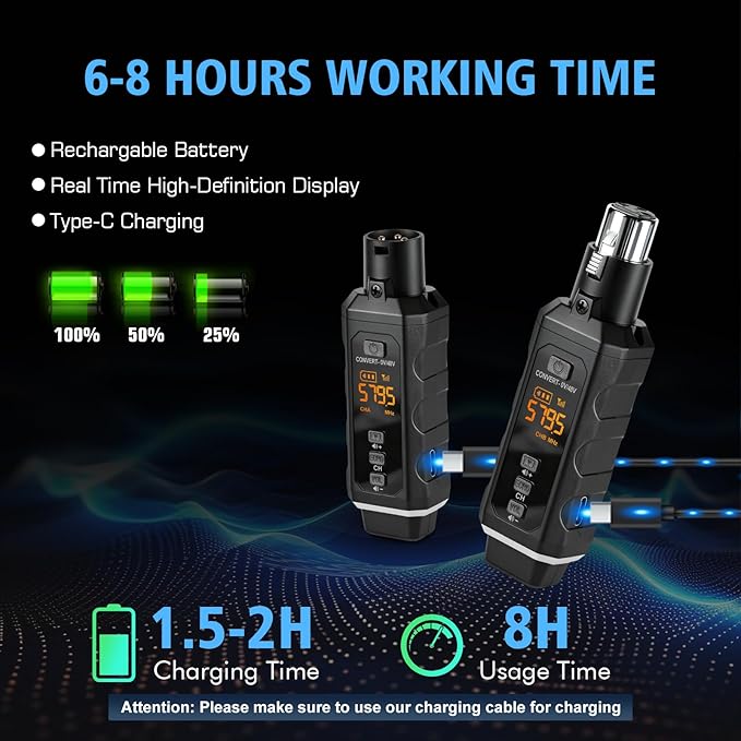 Wireless XLR Transmitter and Receiver UHF Wireless Microphone Adapter for 164FT Range 8-Hours Battery Wireless Mic Adapter For Condenser, Dynamic Mics, PA System,Mixer.