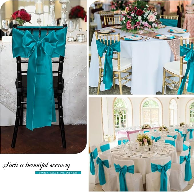 Showgeous 50 Pack Turquoise Satin Chair Sashes Bows,7x108 Inches | Silky satin finish, secure stitching, overlocked edges, flexible tie styling, reusable, machine washable - Image 6