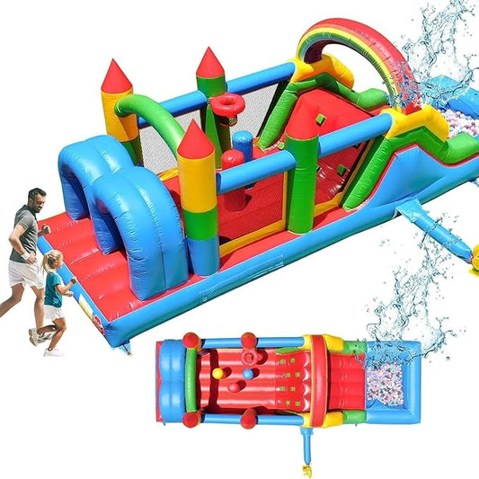 25FT Commercial Grade Bounce House for Adult, (Heavy Duty PVC)(950W UL Blower) Inflatable Obstacle Course, with Water Slide, Splash Water Pool Ball Pit, Large Backyard Lawn Party Game