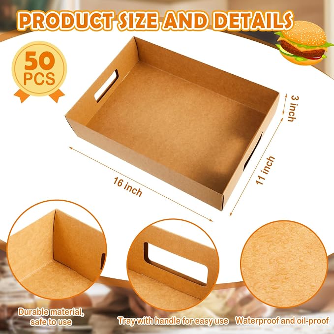 LemonRoad 50 Pack Kraft Cardboard Food Trays Sturdy Disposable Cookie Serving Platters for Parties Paperboard Crate, Dessert Display Tray, Gift Giving, Christmas, Weddings (Brown,16" X 11" X 3") - Image 2