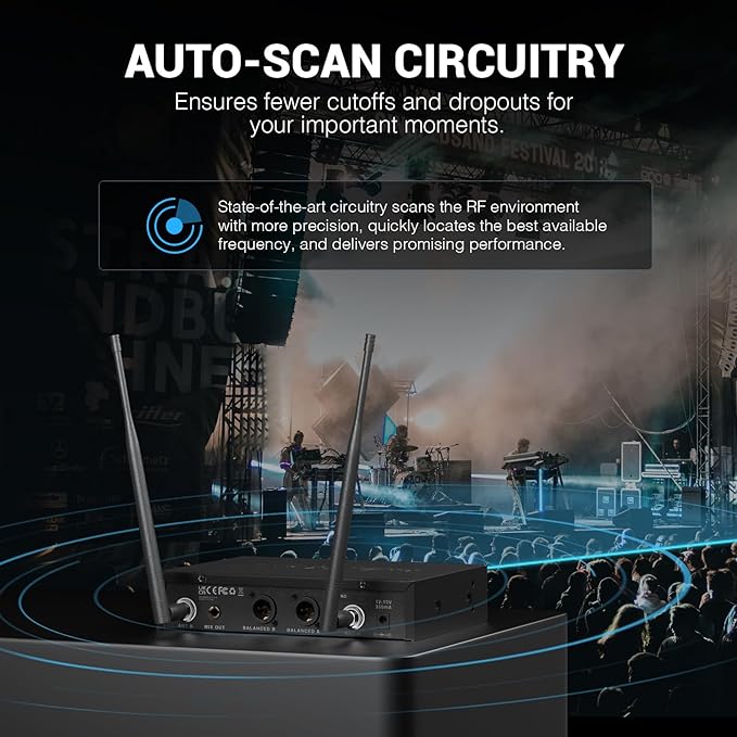 Phenyx Pro Wireless Microphone System, Dual Mic Set with Handheld/Bodypack/Lapel Mics,Auto Scan, 2x100 UHF Frequencies,328ft Range,Cordless Microphone for Singing, Karaoke, Church(PTU-71-1H1B)