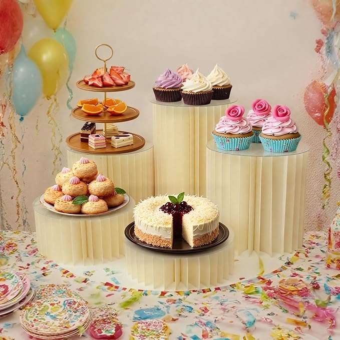 5PCS Buffet Risers, Cylinder Stands for Party with Acrylic Plates, Foldable Food Display Risers, Food Risers for Buffet Table, Weddings, Baby Showers, Birthday, Events Centerpieces Decor (3.9"+5.9"+9.8"+11.8"+15.7")
