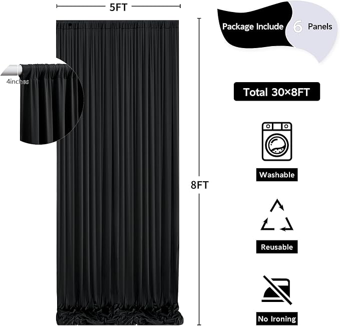 30 ft x 8 ft Black Backdrop Curtain for Parties, 6 Panels 5 ft x 8 ft Wrinkle Free Polyester Photo Black Backdrop Drapesfor Graduations Birthday Wedding Party Stage Curtains Home Decoration Supplies - Image 5