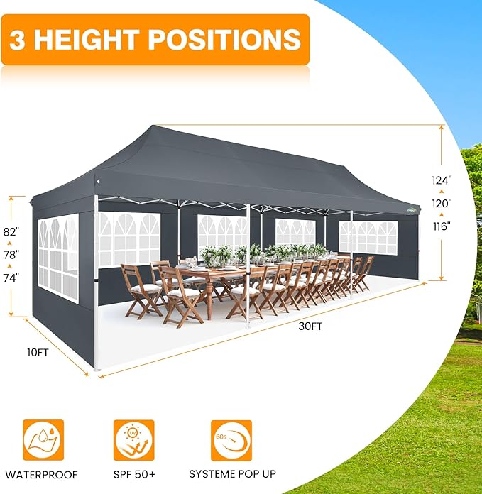 COBIZI 10x30 Pop up Canopy with Roller Bag & 8 Removable Sidewalls, Canopy Tent for Parties, Wedding, and Commercials, Waterproof and Instant Shelter UV50+ Outdoor Gazebo with 4 Sandbags(Gray)
