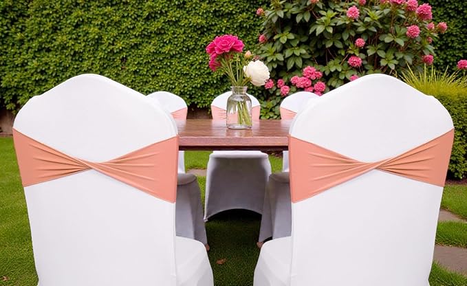 VDS Pack of 200 PCS | Coral Peach | Spandex Chair Sashes Bows Without Buckle | Stretch Elastic Banquet Universal Folding Chair Band Tie with for Wedding Party Conference Celebration Event Decoration - Image 6