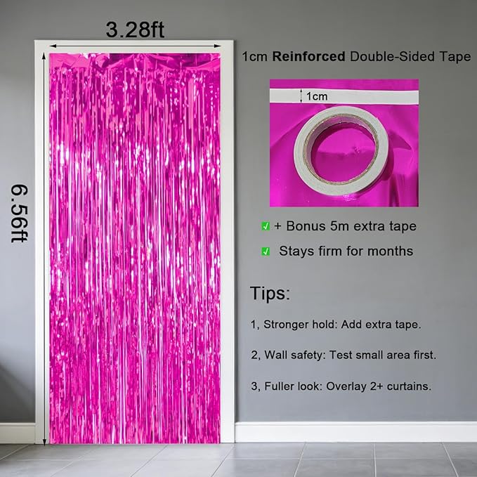 4 Pack Thickened Hot Pink Metallic Foil Fringe Curtains Streamer Rip Resistant Shimmer Tinsel Photo Booth Backdrop for Birthday Wedding Christmas Bachelorette Party Decorations 3.28ft x 6.56ft