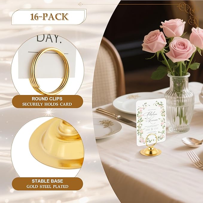 Urban Deco 16 PK Table Card Holder Place Card Holders Steel Card Holders for Photos, Food Signs, Memo Notes, Weddings, Restaurants, Birthday（Gold）