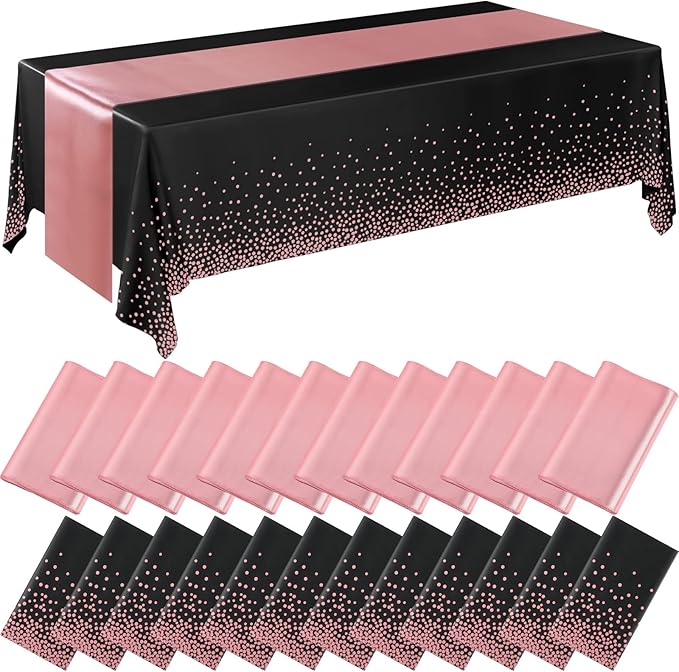 24 Packs Tablecloths Satin Runner Black and Rose Gold Graduation | 54x108 Inch Disposable Tablecloth and 12x108 Inch Satin Runners for Wedding Birthday Party Baby Shower Christmas New Year by Breling