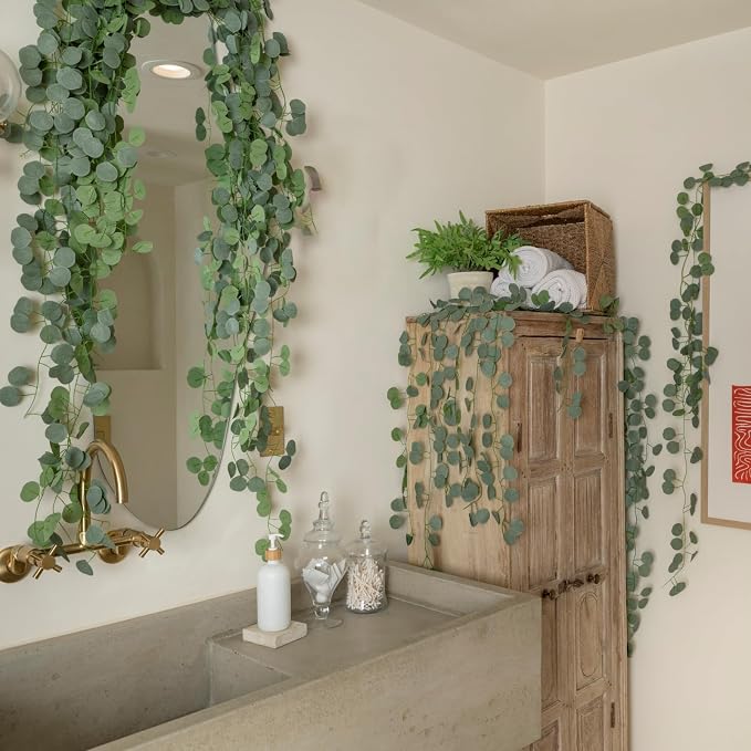 CQURE 24 Pack Eucalyptus Garland, Artificial Greenery Garland Faux Eucalyptus Leaves Table Vines for Wedding Backdrop Fireplace Arch Door Wall Room Decor（168FT） - Image 9