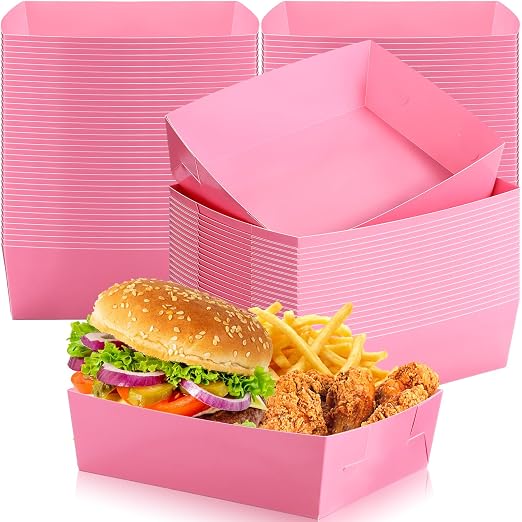 Uiifan 100 Pcs 5 lb Extra Large Paper Food Trays Disposable Food Boat Nacho Plate Serving Snack Trays Grease Resistant Self-assembly for Back to School Party Birthday Wedding Supply (Light Pink) by Uiifan