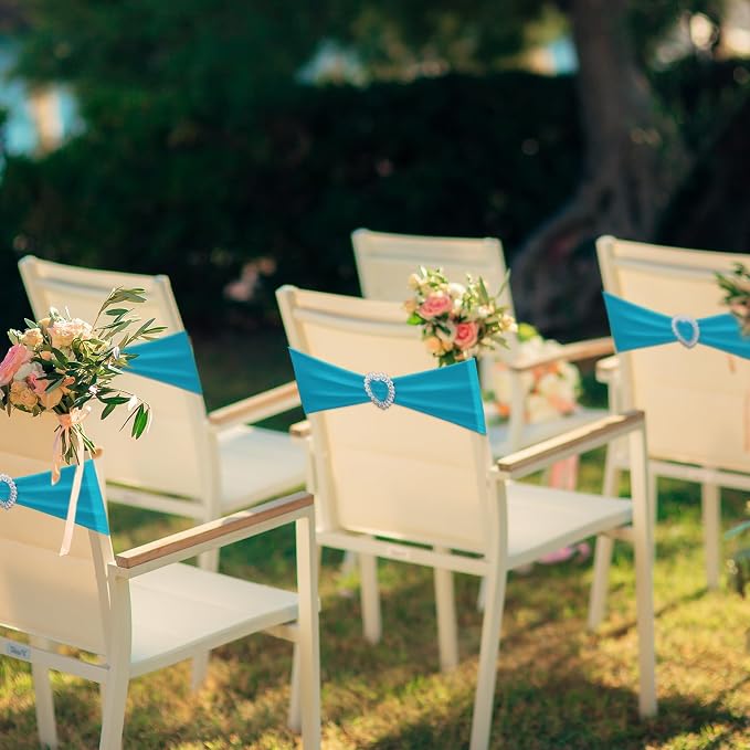 VitalCozy 100 Pcs Spandex Chair Sashes with Heart Buckle Slider,Turquoise - Image 4