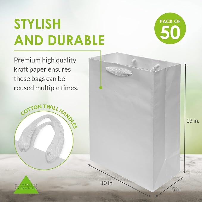 Prime Line Packaging White Gift Bags, Kraft Shopping Bags with Handles for Holidays, Weddings, Birthdays, Baby Showers, Christening, Bulk, 10x5x13, 50 Pack - Image 4