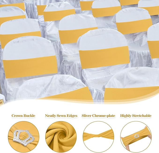VitalCozy 100 Pcs Spandex Chair Sashes with Crown Buckle,Light Gold - Image 3