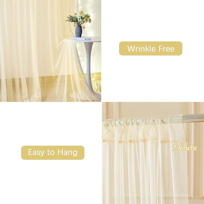 6 Panels Champagne Sheer Tulle Backdrop Curtains with Lights String for Party Wedding Wrinkle Free Curtain Backdrops Drapes for Baby Shower Bridal Shower Photo Background Home Decorations 30ft x 10ft - Image 6