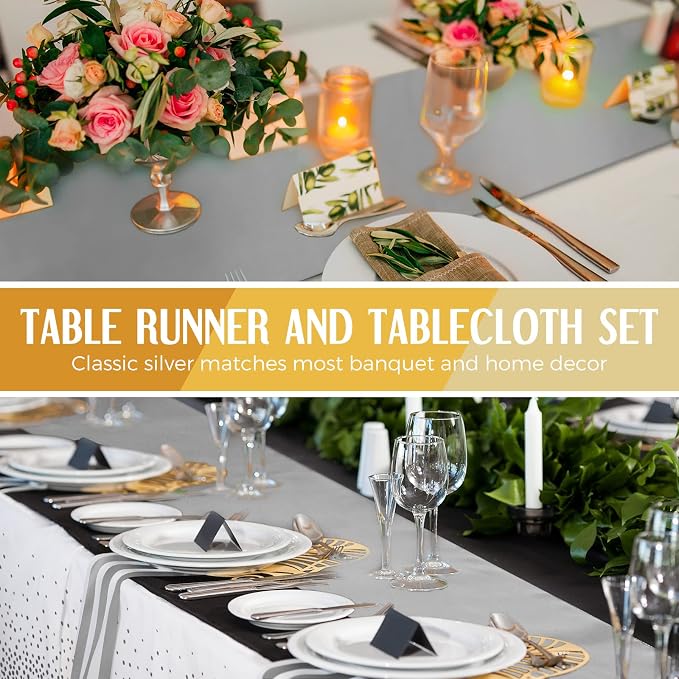 8 Pack White and Silver Tablecloths and Satin Runners Set | 54x108 Inch Disposable Tablecloth and 12x108 Inch Satin Runners for Wedding Birthday Party Baby Shower Christmas New Year - Image 5