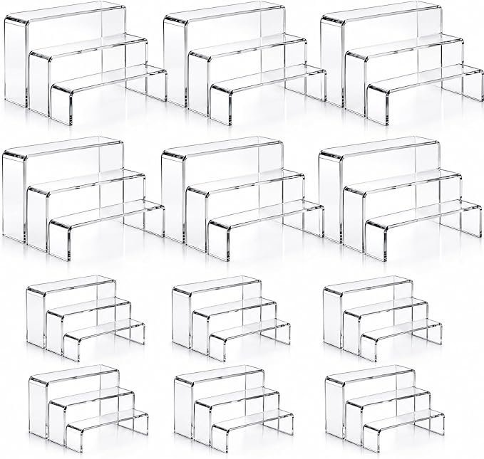 Sintuff 36 Pcs Acrylic Risers Clear Rectangular Display Stands ( 3.4”L~4”L~5”L) Showcase Collectibles Display Stands for Figures Perfume Organizer, Figures, Jewelry, Dessert, Cupcake by Sintuff
