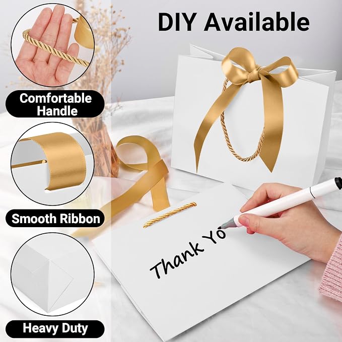 EUSOAR White Thank You Gift Bags with Handles, 20pcs 8.6"x3.9"x7" Gift Bags with Ribbon Wedding Favor Bags, Paper Wrap Treat Bag Bulk for Wedding Party Favors Grocery Birthdays Bridal - Image 4