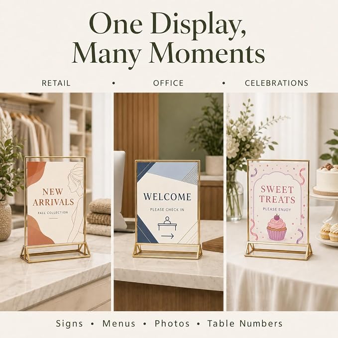 14 Pack Acrylic Sign Holder 8.5x11 Gold Frames, Wedding Table Number Holders Double Sided Vertical Clear Display Stand, Picture Holders for Tables, Menus, Flyers, Party and Office Decor - Image 5