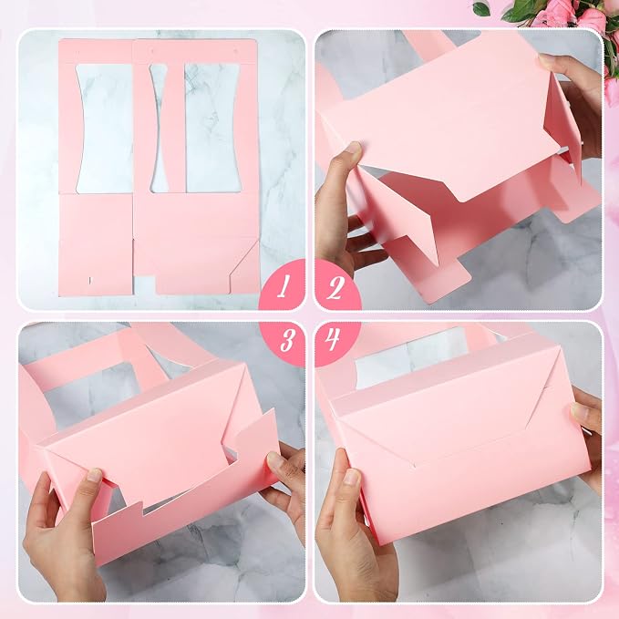 Teling 12 Pcs Flower Boxes for Arrangements Paper Pink Flower Gift Bags for Bouquets Portable Waterproof Floral Box with Handle for Wedding Floral Bar Party Decor Florist Supplies - Image 4