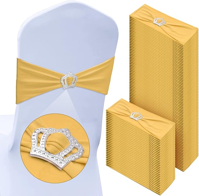 VitalCozy 100 Pcs Spandex Chair Sashes with Crown Buckle,Light Gold by VitalCozy