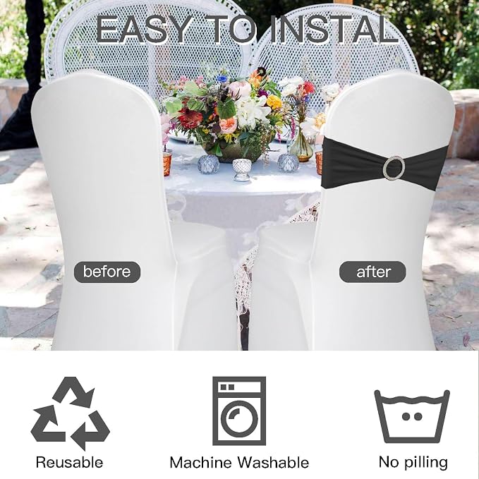 WJWHQ 100PCS Spandex Stretch Chair Sashes Bows Elastic Chair Cover Bands Ties with Buckle Slider for Wedding Party Reception Events Universal Ceremony Banquet Decorations(Black) - Image 4