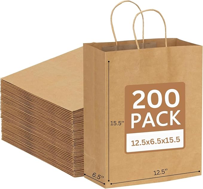 JET PAPER BAGS - 200Pack Kraft Paper Bags with Handles Bulk, 12.5x6.5x15.5 Inch Brown Paper Bags, Kraft Shopping Bags for Small Business Merchandise,Wedding Party Favor Bags (Brown, Pack of 200) by JETPAPERBAGS