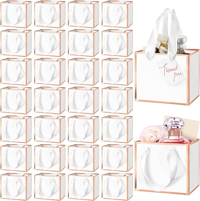 Yeaqee 50 Pcs Mini Metallic Paper Gift Bags with Handle, White, Rose Gold | 4.75x2.25x4'' Small Gift Bag with DIY Tag, Tiny Thank You Party Favor, Wedding Baby Shower Birthday Back to School Jewelry by Yeaqee