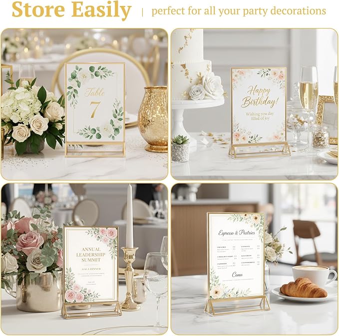 EHWINE 24 Pack Acrylic Sign Holder 5 x 7, Double Sided Gold Picture Frame Stand up Table Top Sign Holders, Clear Display Stand Menu Flyer Holder for Wedding Party - Image 5