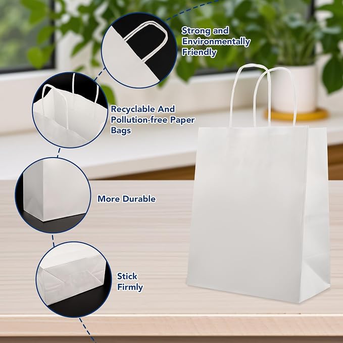 XPCARE White Paper Bags with Handles, 200Pcs 8x4.5x10In Kraft Paper Bag | Small Medium Paper Bags with Handles Bulk Treat Bags Kraft Paper Gift Bag for Retail Party Shopping Party Favor - Image 3