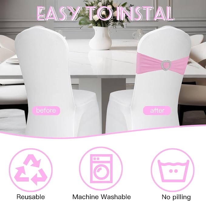 100PCS Spandex Stretch Chair Sashes Bows Universal Elastic Chair Cover Bands Ties with Buckle Slider for Wedding Party Birthday Reception Events Banquet Decoration(Pink) - Image 4