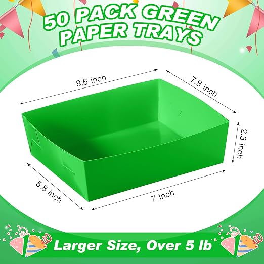 Uiifan 50 Pcs 5 lb Extra Large Paper Food Trays Disposable Food Boat Nacho Plate Serving Snack Trays Grease Resistant Self-assembly for Back to School Party Birthday Wedding Supply (Green) - Image 3