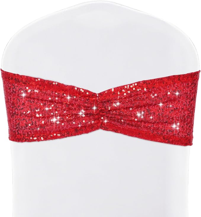 SquarePie Pack of 10 Sequin Chair Sashes Glitter Red Bows Bands for Wedding Banquet Party Decor by SquarePie