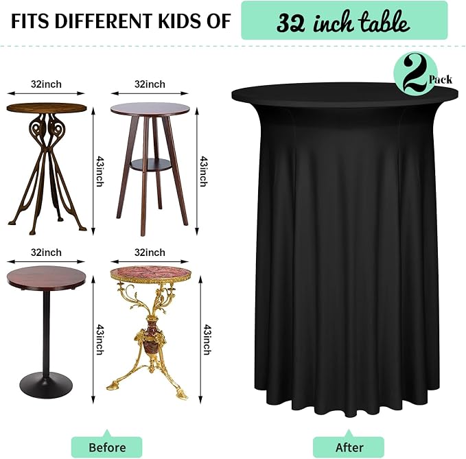 2 Pack Cocktail Stretch Table Skirt, Black, 32 x 43 inch - Image 3