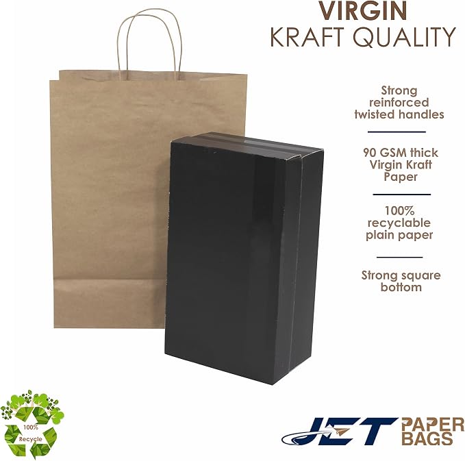 JET PAPER BAGS - 100Pack Kraft Paper Bags with Handles Bulk, 12.5x6.5x15.5 Inch Brown Paper Bags, Kraft Shopping Bags for Small Business Merchandise,Wedding Party Favor Bags (Brown, Pack of 100) - Image 2