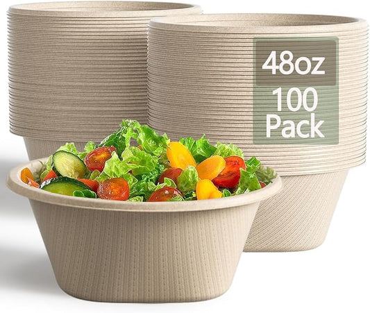Homestockplus 48 Oz Natural Disposable Paper Bowls [100 Pack] - Heavy Duty, Eco-Friendly Compostable Salad Bowls for Organic Food, Farm to Table, Salad, BPA-Free, Microwave Safe (Unbleached) by Homestockplus