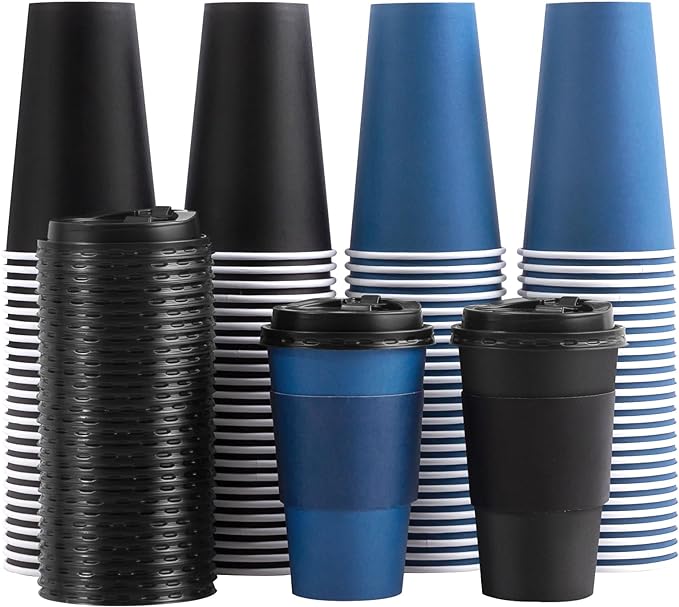 SIUQ 100 Pack 16 oz Coffee Cups with Lids, Disposable Hot Paper Coffee Cups | Black & Blue To Go Paper Cups with Lids and Sleeves for Thanksgiving, Party, Home, Shop, Office, Christmas, Travel and Events by SIUQ